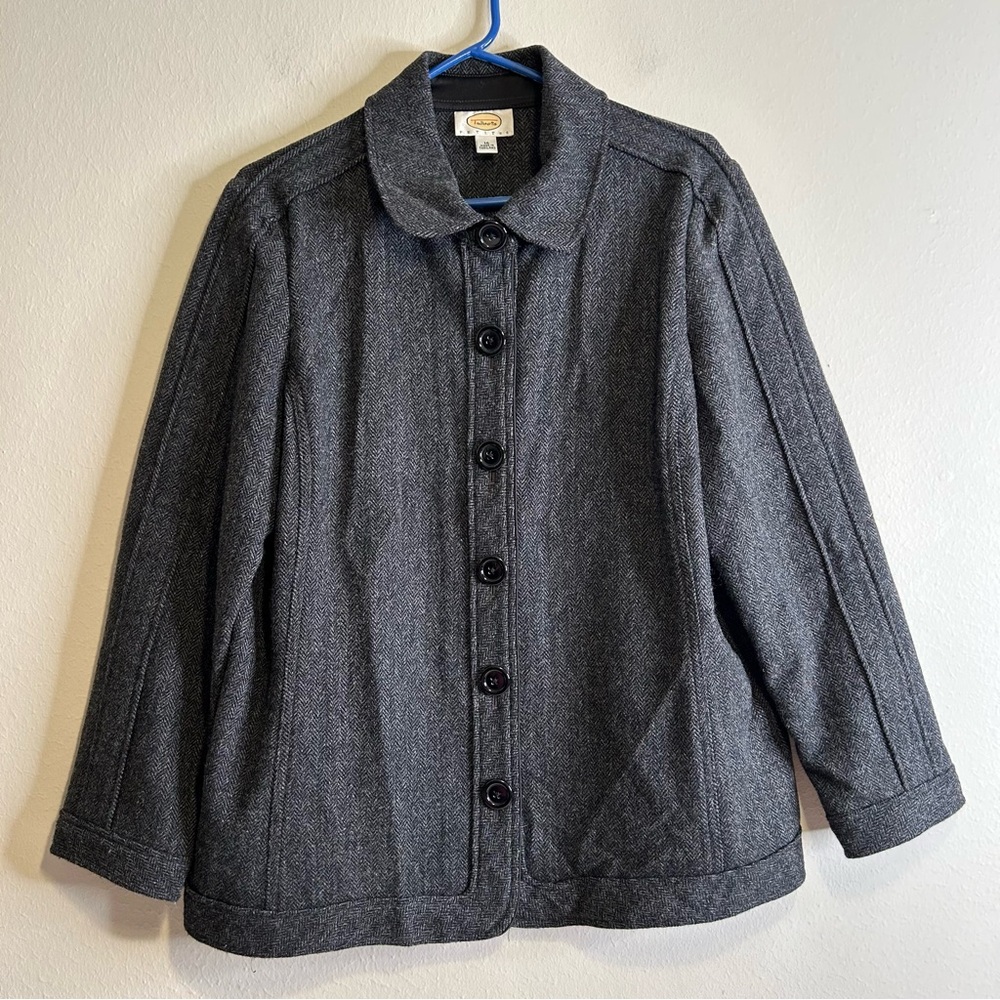 Talbots Jacket Blazer‎ Gray Wool Button Up Herringbone Club Collar Size 16